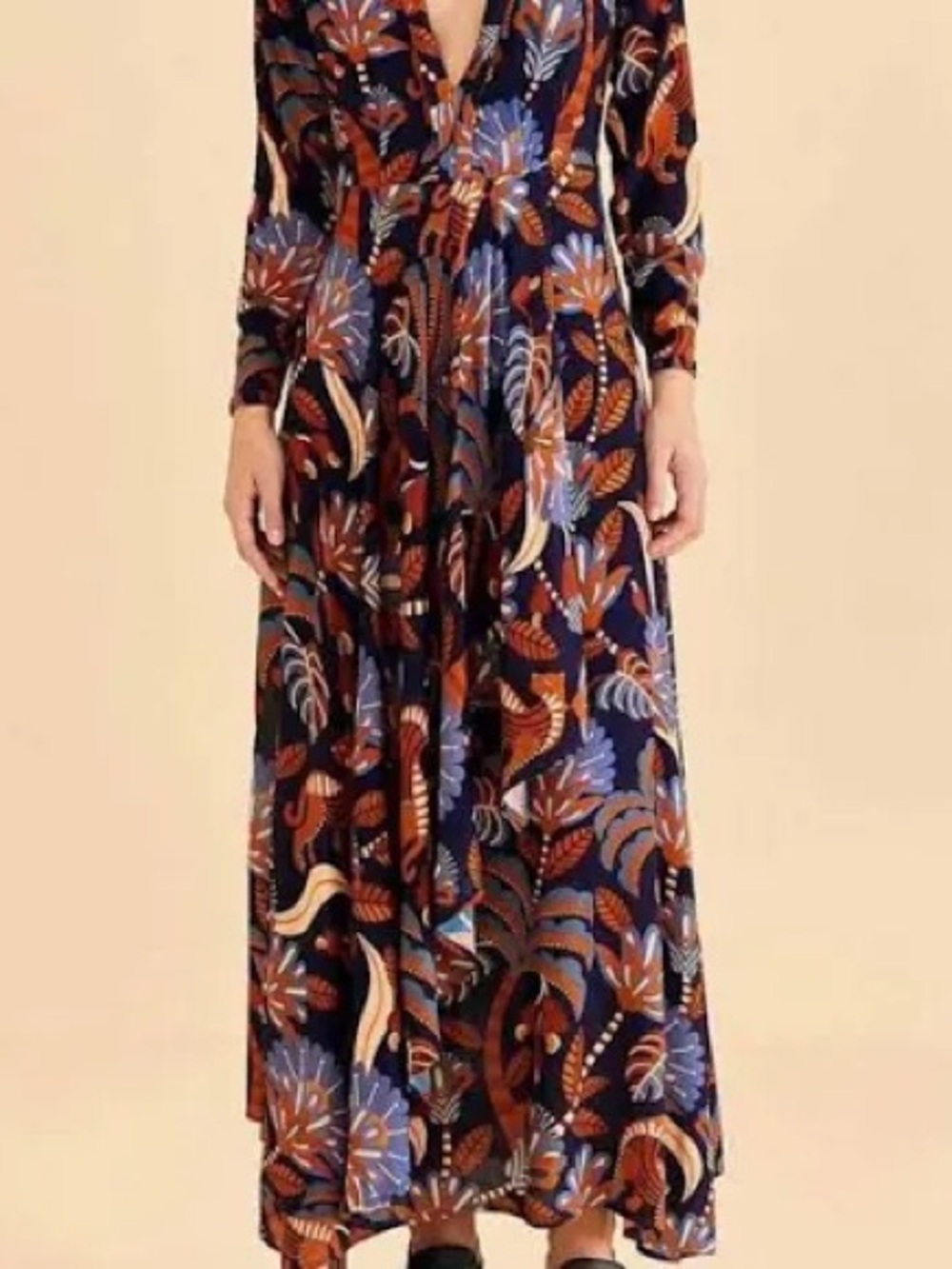 Anthropologie Navy Floral-Print Maxi Dress with Rust and Blue Accents